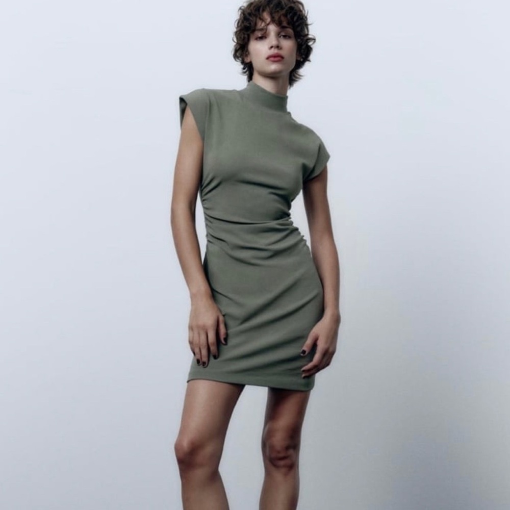 Zara Elegant Olive Green Ruching Dress size small